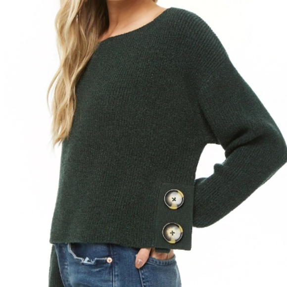 Forever 21 Sweaters - Forever 21 Hunter Green Boat Neck Button Sweater